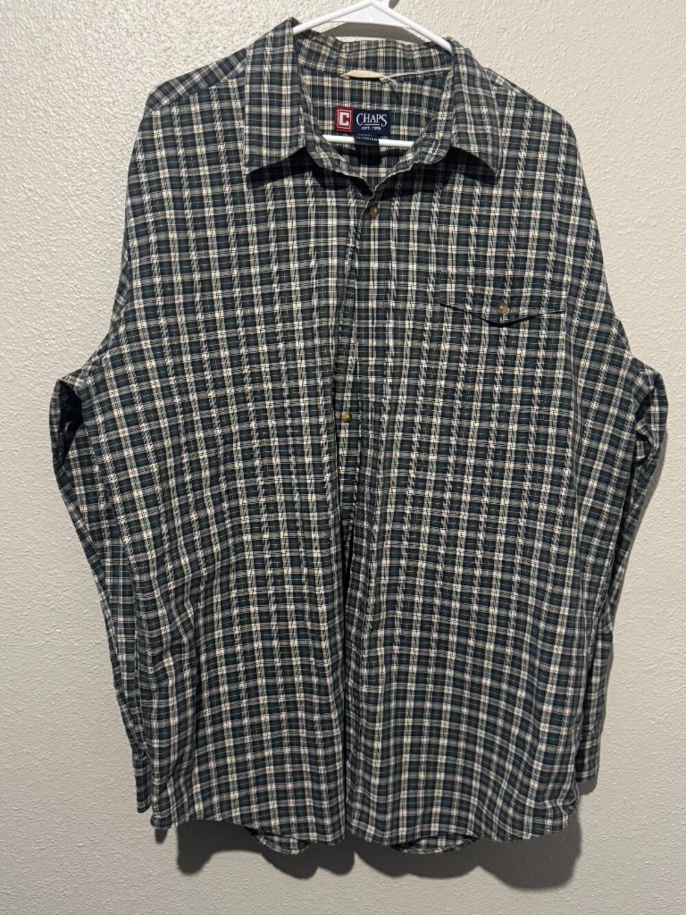 Y2K Chaps Men’s Plaid Long Sleeve Button Down Shirt XL Green Navy Cream